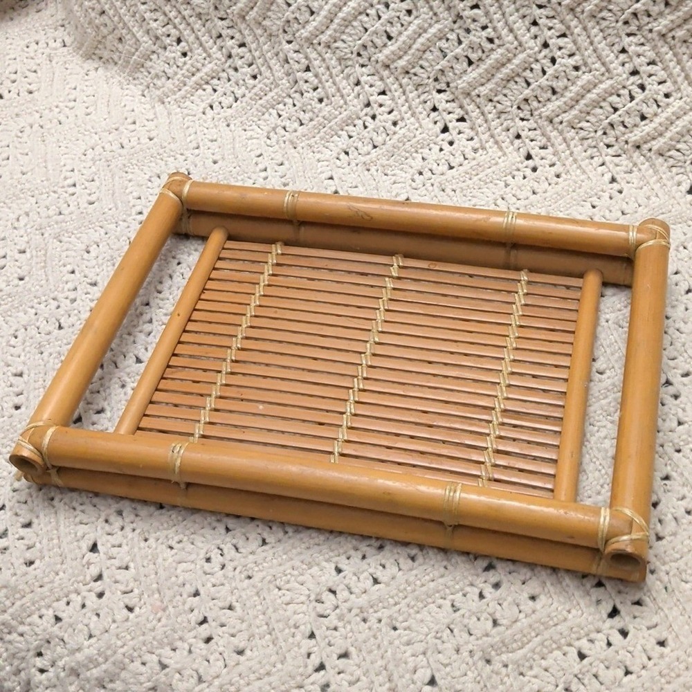 Vintage MCM Style Natural Bamboo Serving Tray Rectangular Boho Decor 15x10